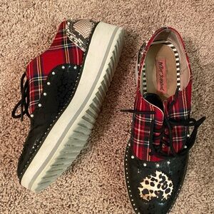 Betsey Johnson Red Plaid, Leopard Heart and Black Flats